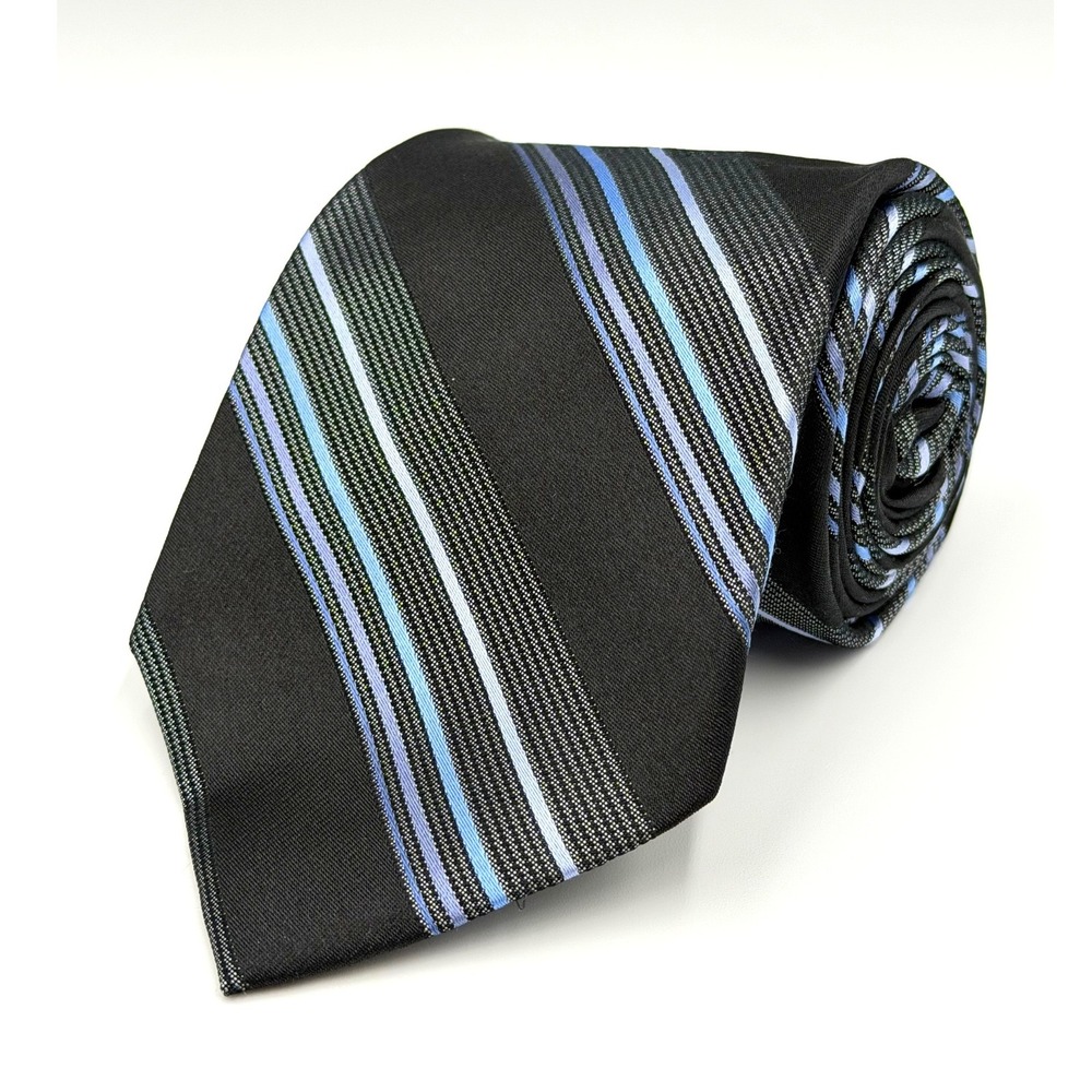 Merona Striped 100% Silk Tie‎ Mens Black Blue Silver Necktie 58.5"L